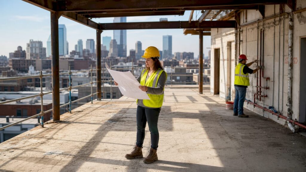Project manager reviewing plumbing blueprints on site