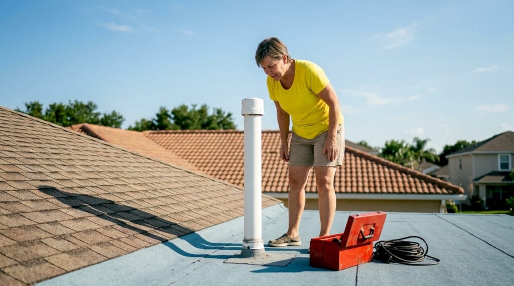 Homeowner inspecting plumbing vent on roof