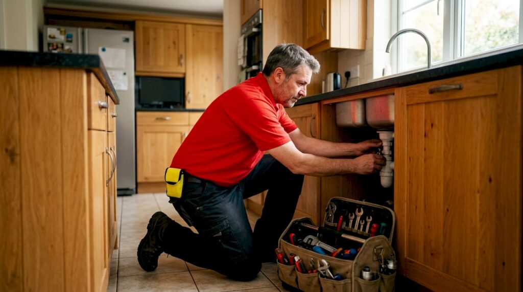 Plumber inspecting toilet tank in apartment bathroom