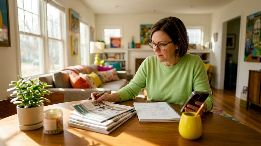 Homeowner reviewing plumbing service options at kitchen table