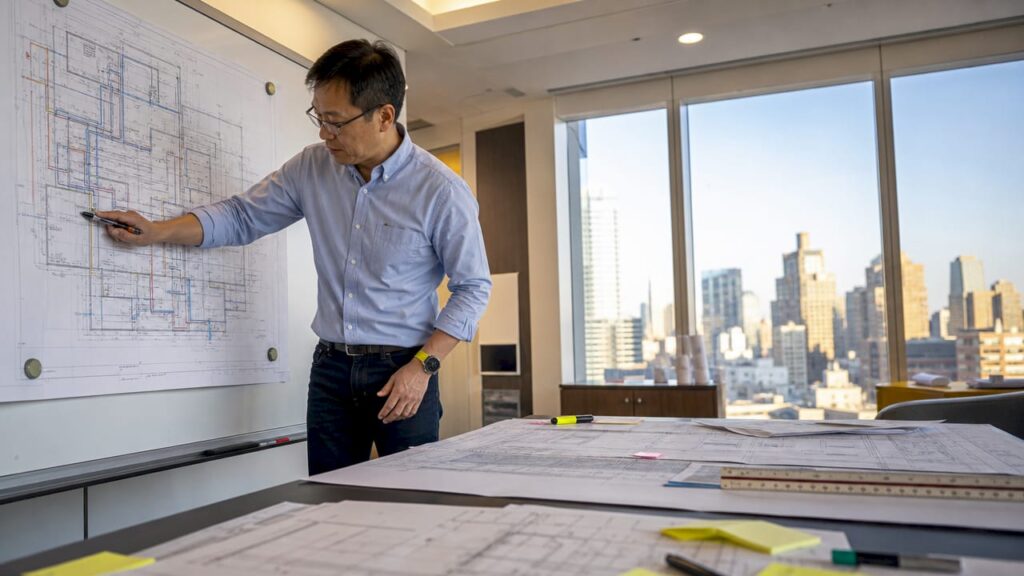 Engineer reviewing commercial pipe sizing blueprints