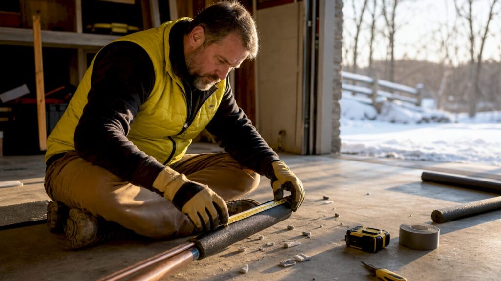 Man installing pipe insulation in basement
