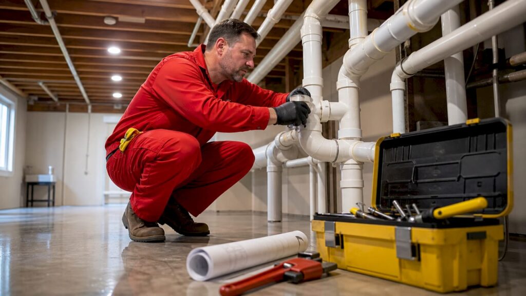 Plumber inspecting basement plumbing pipes