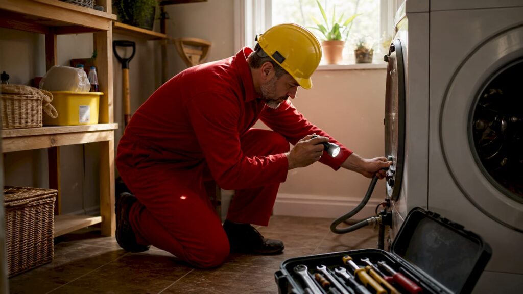 Plumber inspecting burst pipe in basement