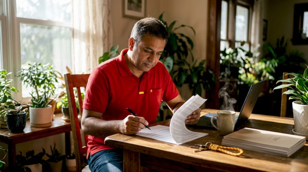 Man reviewing plumbing contract in home office
