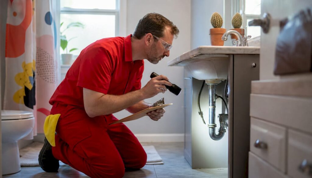 Professional inspecting plumbing under kitchen sink