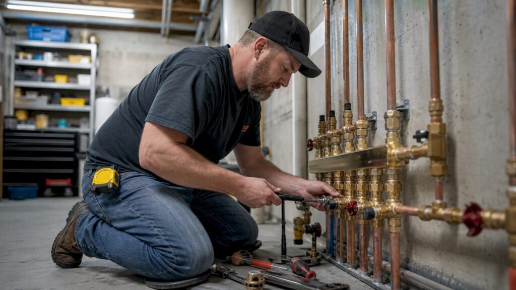 Plumber installing manifold plumbing system in utility room