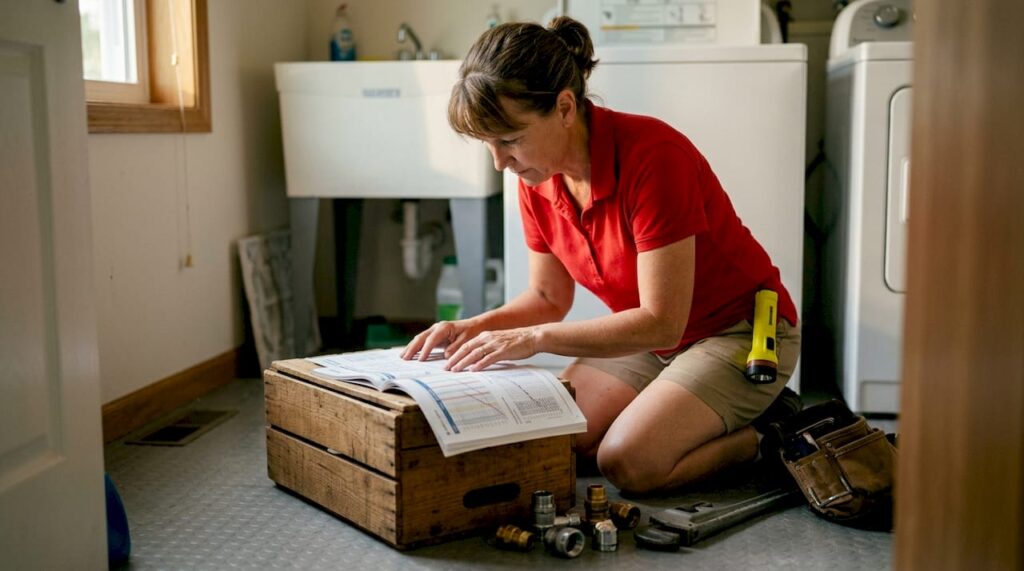 Plumber studying plumbing fixture unit chart on kitchen floor