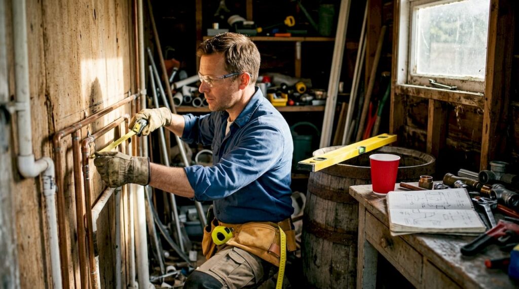 Plumber inspecting copper and PVC rough-in pipes
