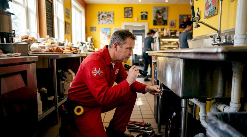 Plumber inspecting residential plumbing pipes