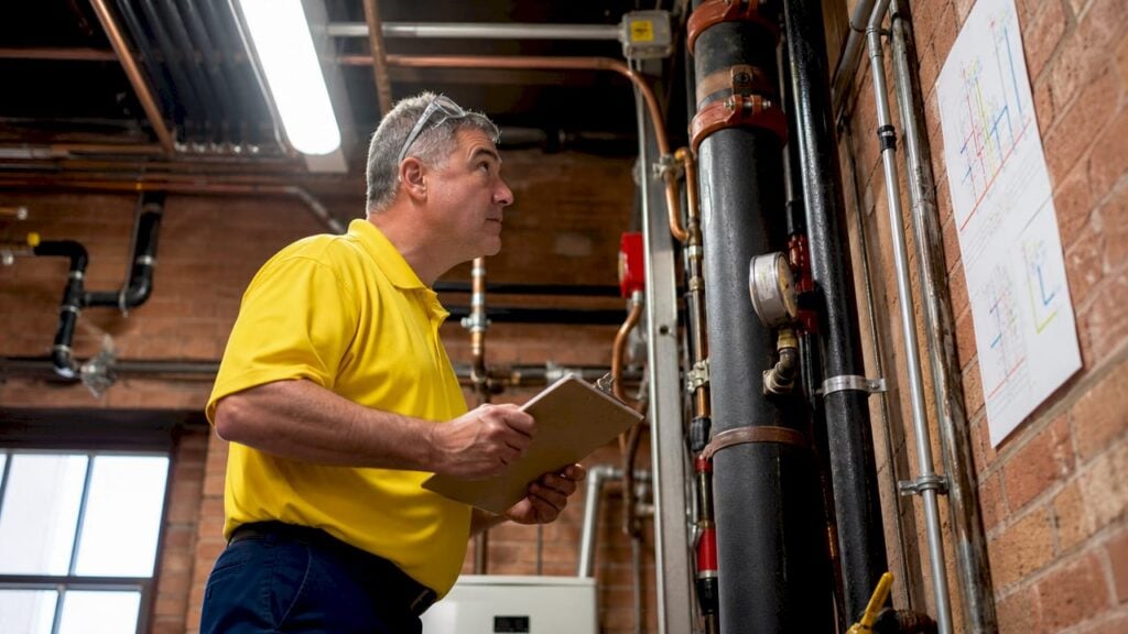 Property manager inspecting plumbing riser pipe
