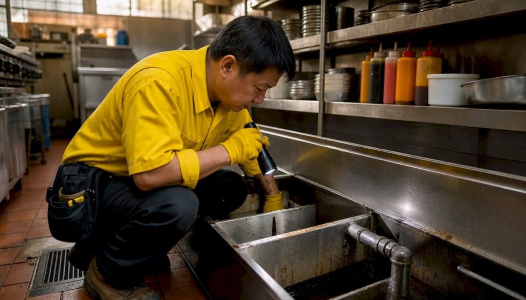 Plumber inspecting grease trap in restaurant kitchen