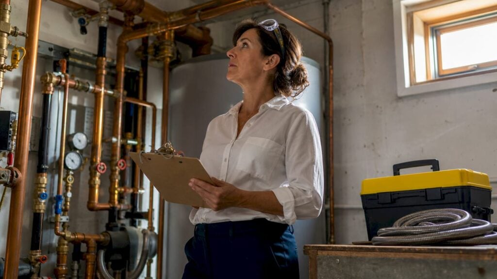 Property manager inspecting building plumbing pipes