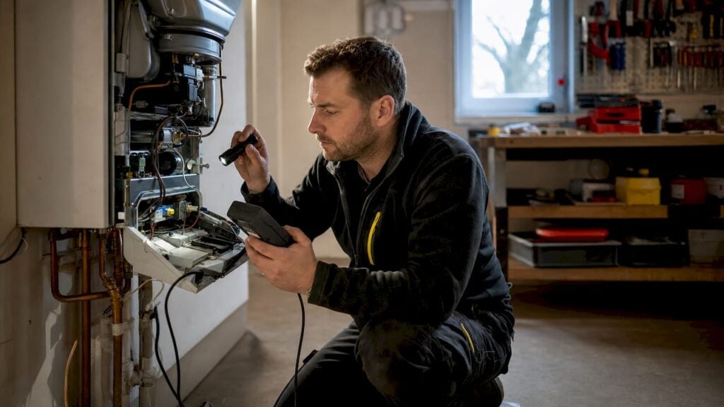 Heating engineer inspecting home boiler