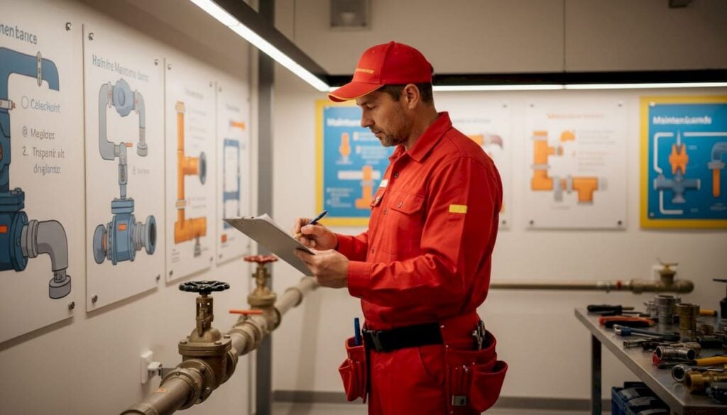 Commercial plumber inspecting supply valves with checklist