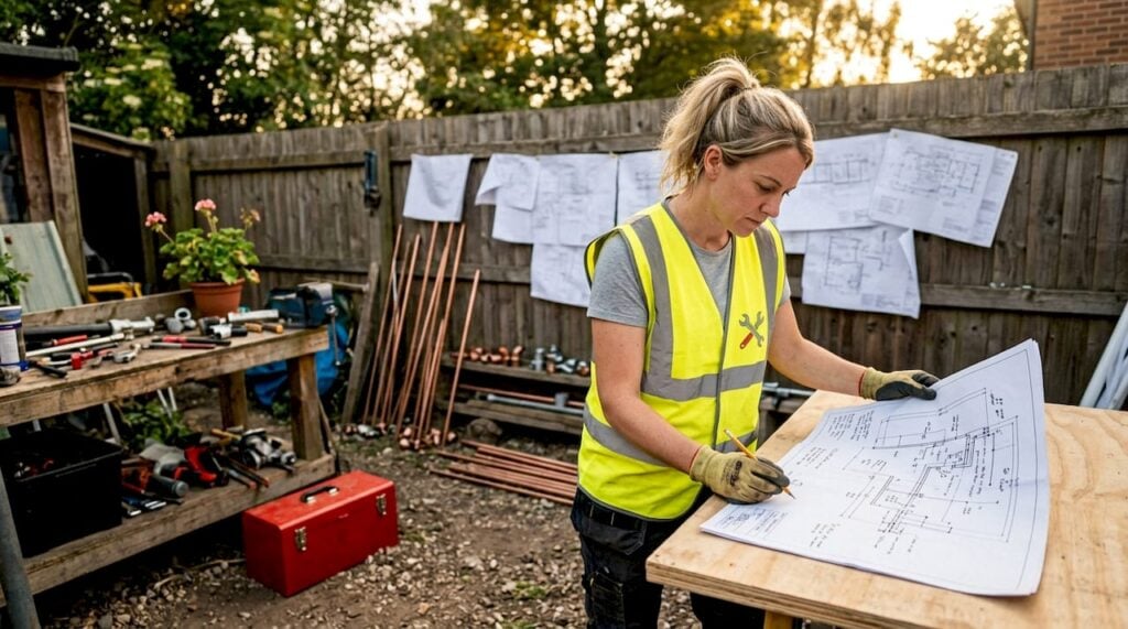 Engineer reviewing plumbing drawings