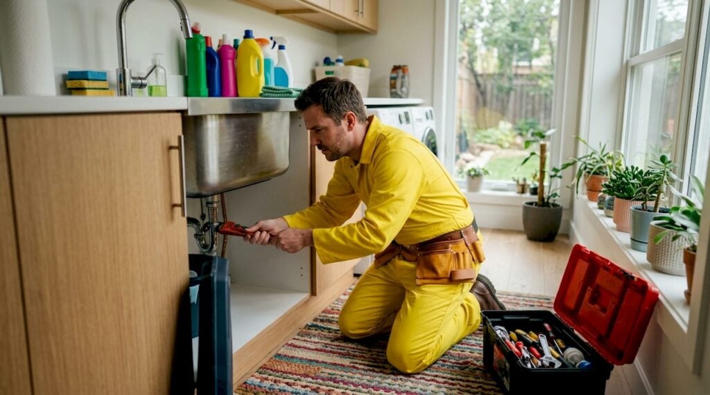 Plumber repairing burst pipe under kitchen sink