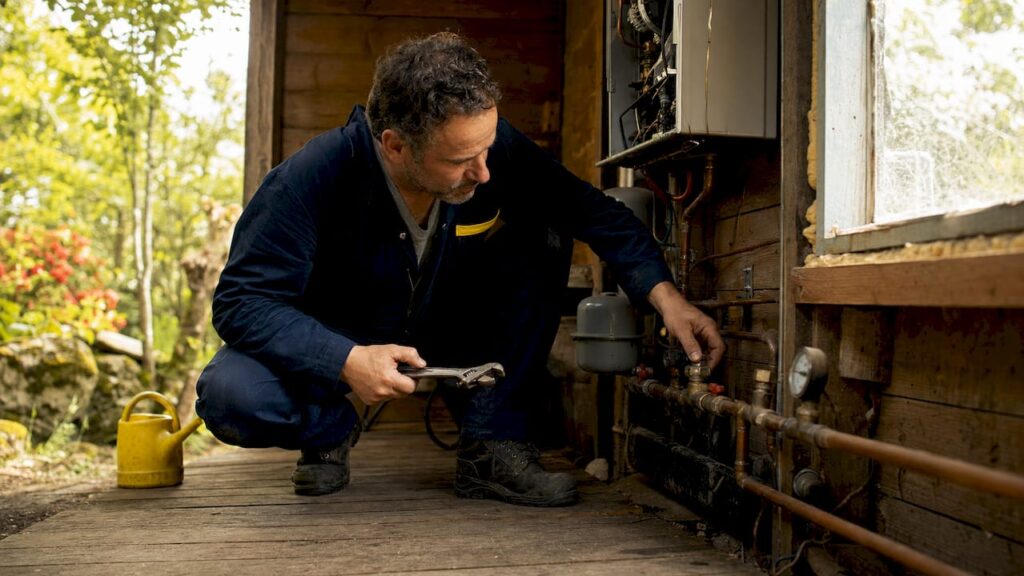 Plumber inspecting domestic hot water loop pipes