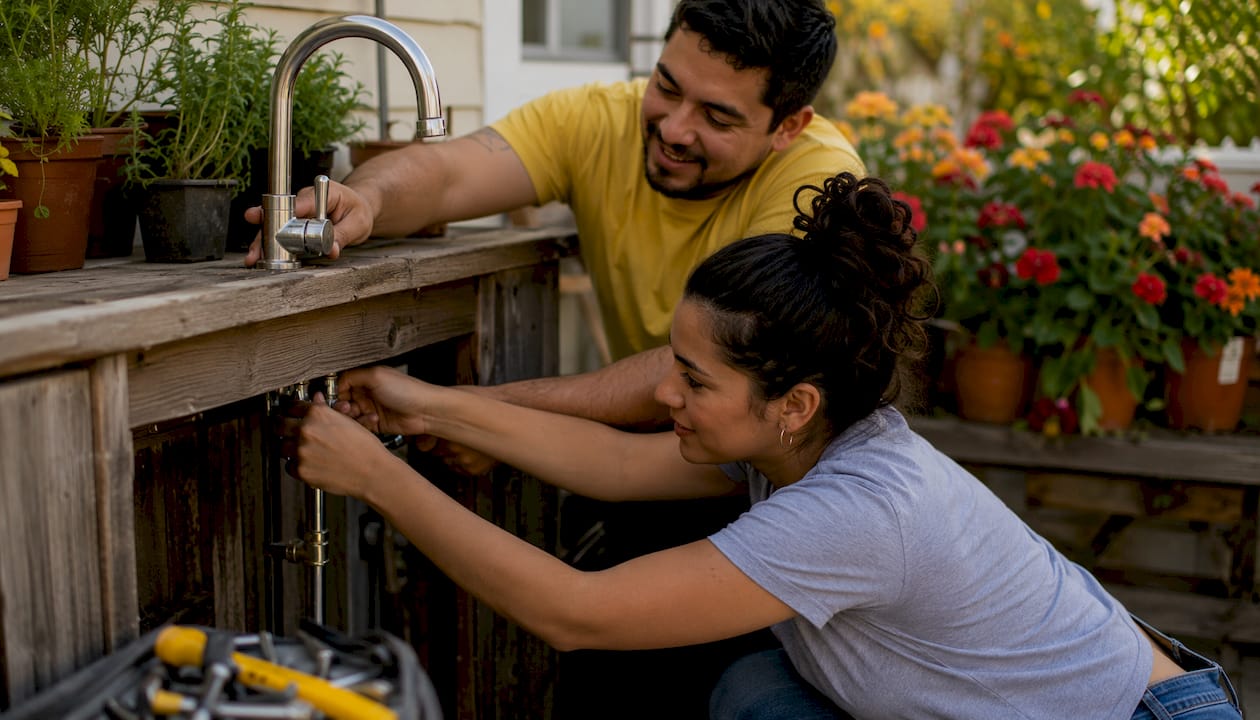 Couple installing water-efficient kitchen faucet