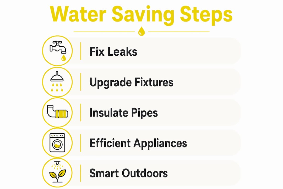 Infographic showing water saving plumbing steps