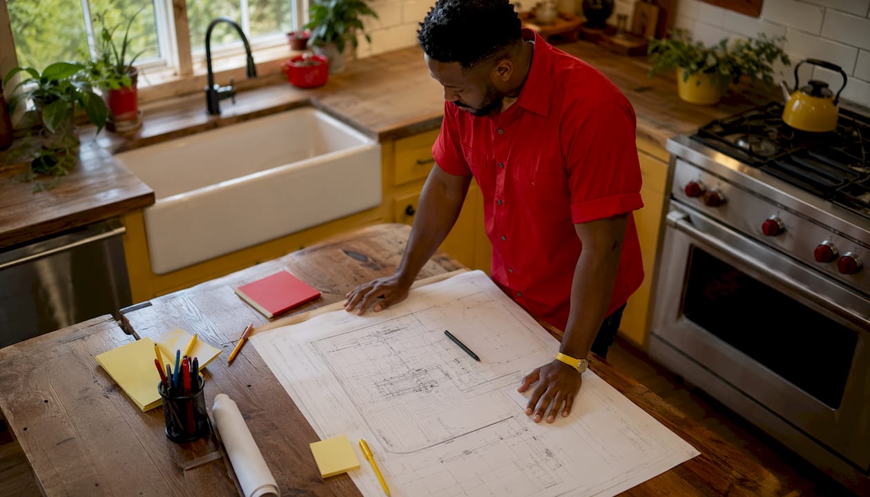 Engineer reviewing residential plumbing blueprints