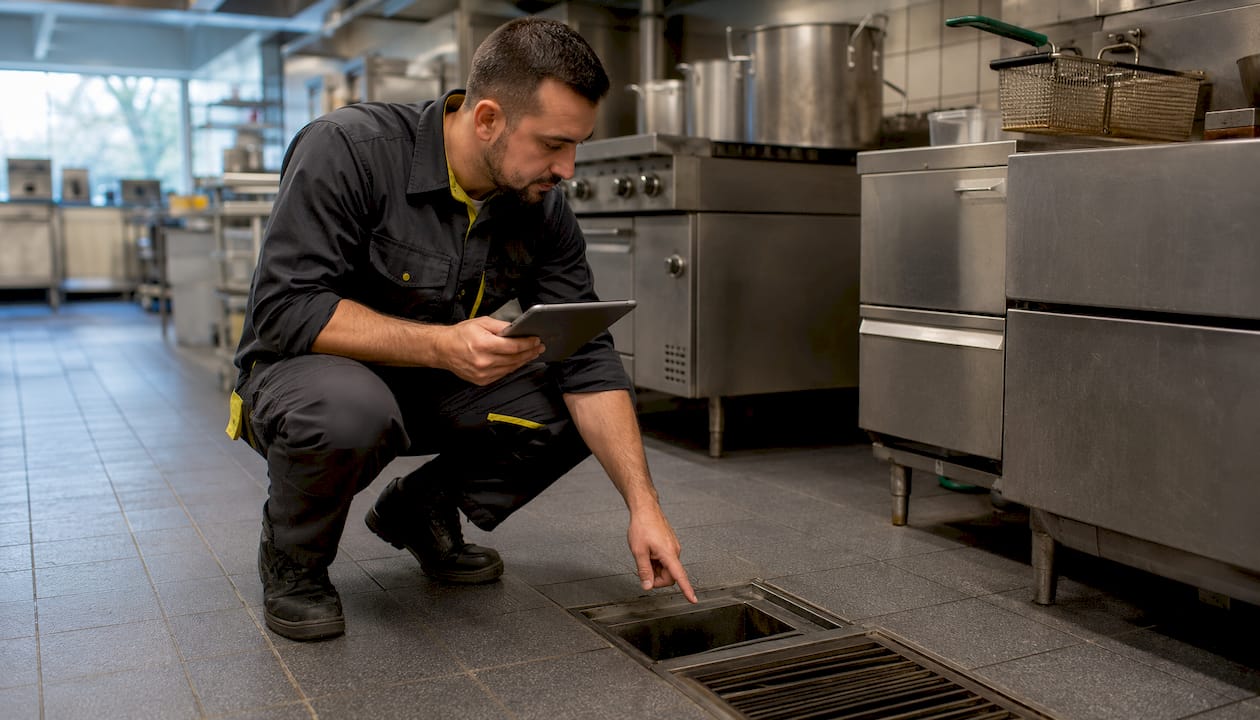 Plumber inspecting grease management system