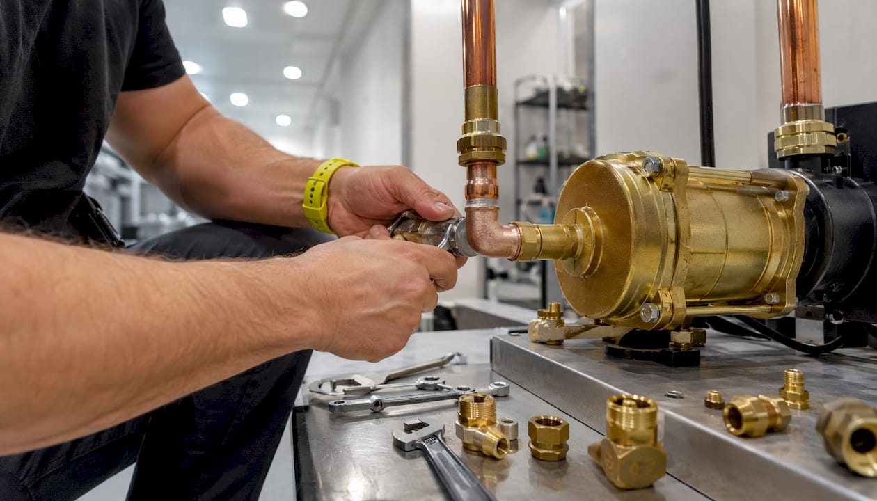 Technician installing booster pump on supply pipes