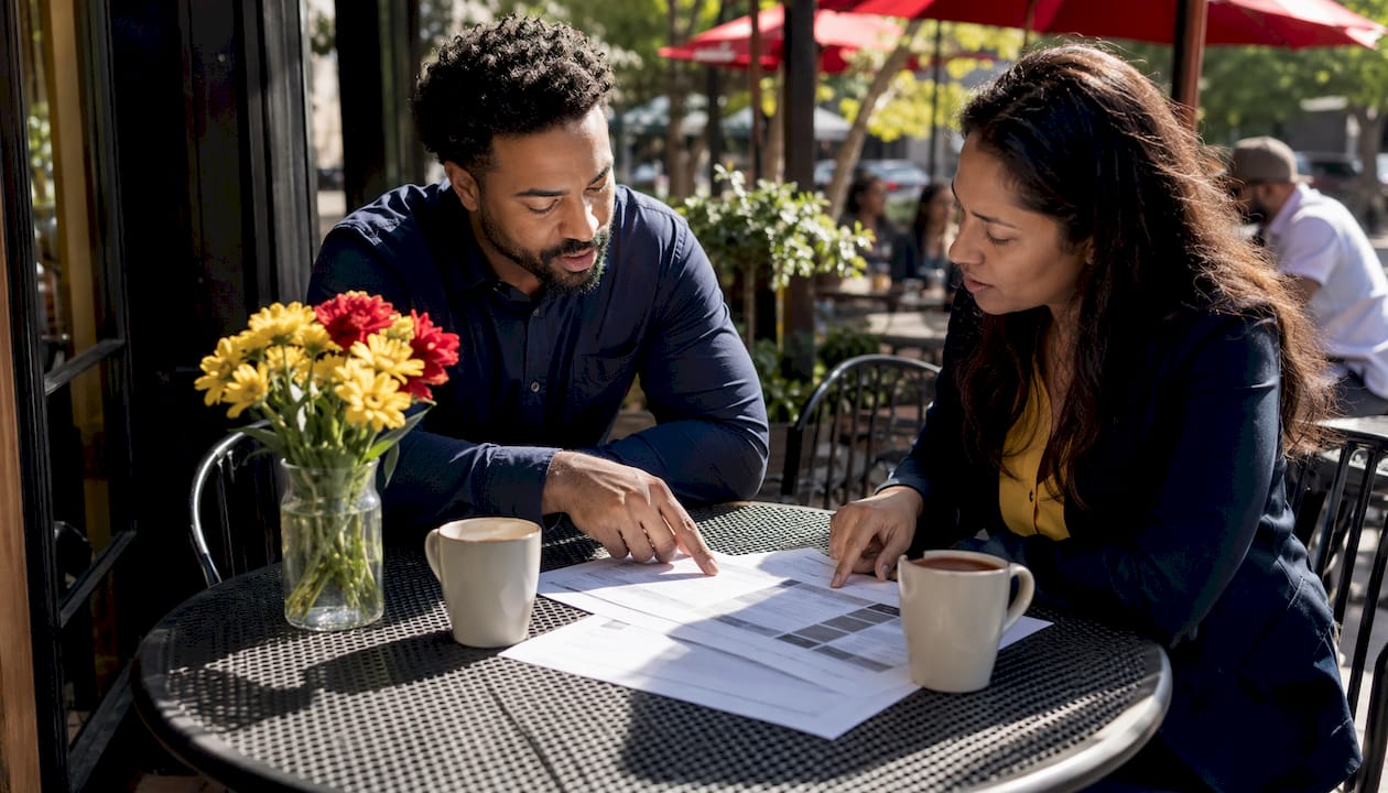 Two professionals discussing plumbing provider comparisons in office